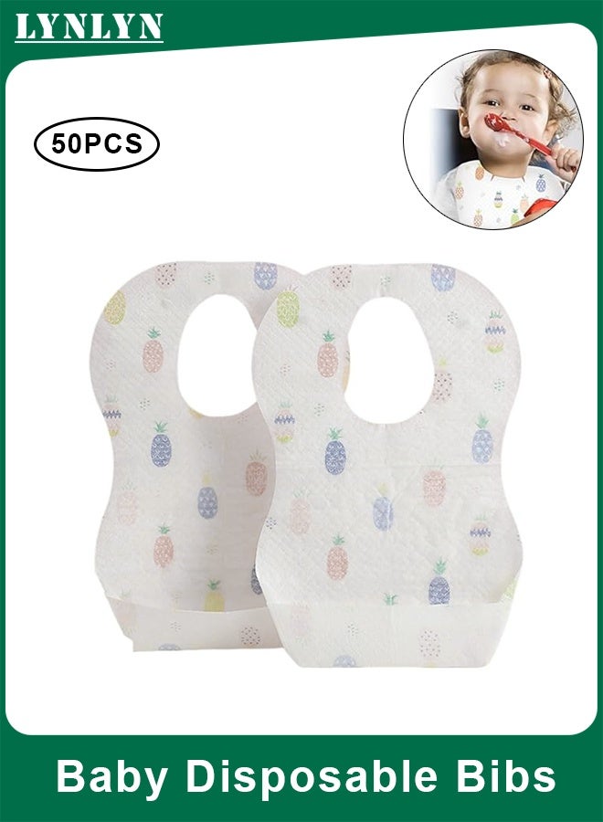 LYNLYN 50Pack Baby Disposable Bibs, Waterproof Cartoon Bibs for Babies and Toddlers, Lightweight Odorless Bibs for Feeding and Travel